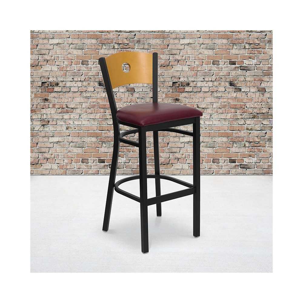 Black Circle Back Metal Restaurant Barstool - Natural Wood Back, Burgundy Vinyl Seat