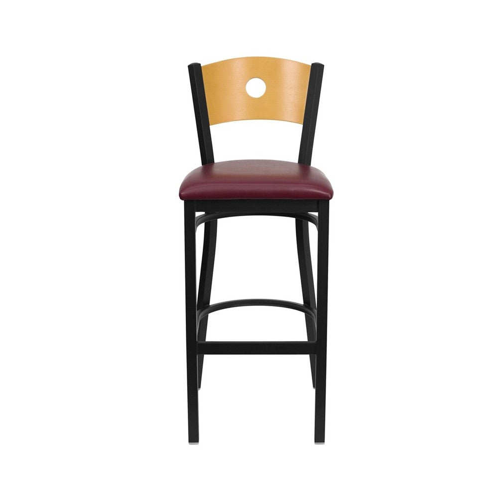 Black Circle Back Metal Restaurant Barstool - Natural Wood Back, Burgundy Vinyl Seat