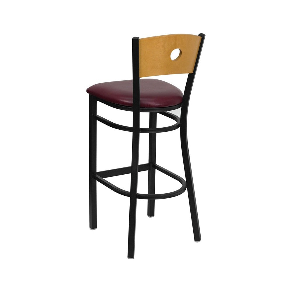 Black Circle Back Metal Restaurant Barstool - Natural Wood Back, Burgundy Vinyl Seat