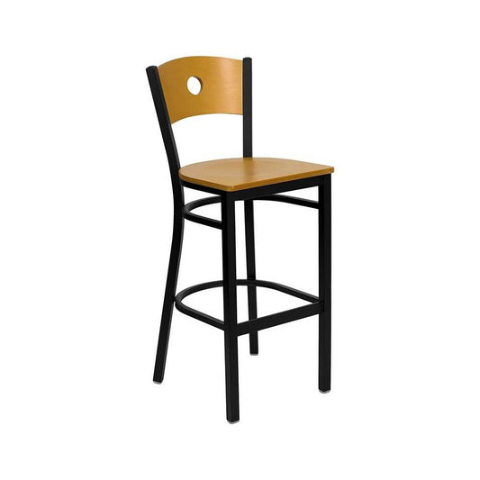 Black Circle Back Metal Restaurant Barstool - Natural Wood Back & Seat