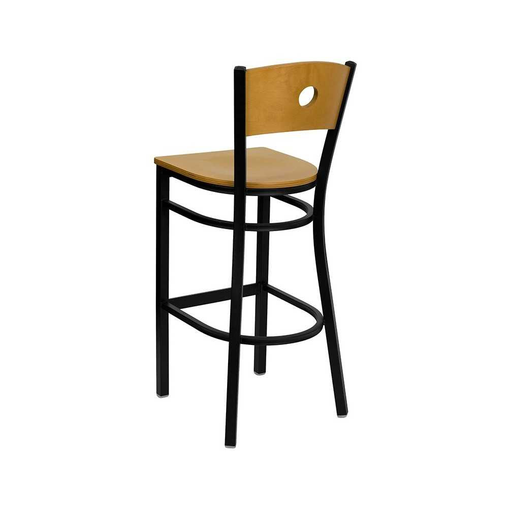 Black Circle Back Metal Restaurant Barstool - Natural Wood Back & Seat