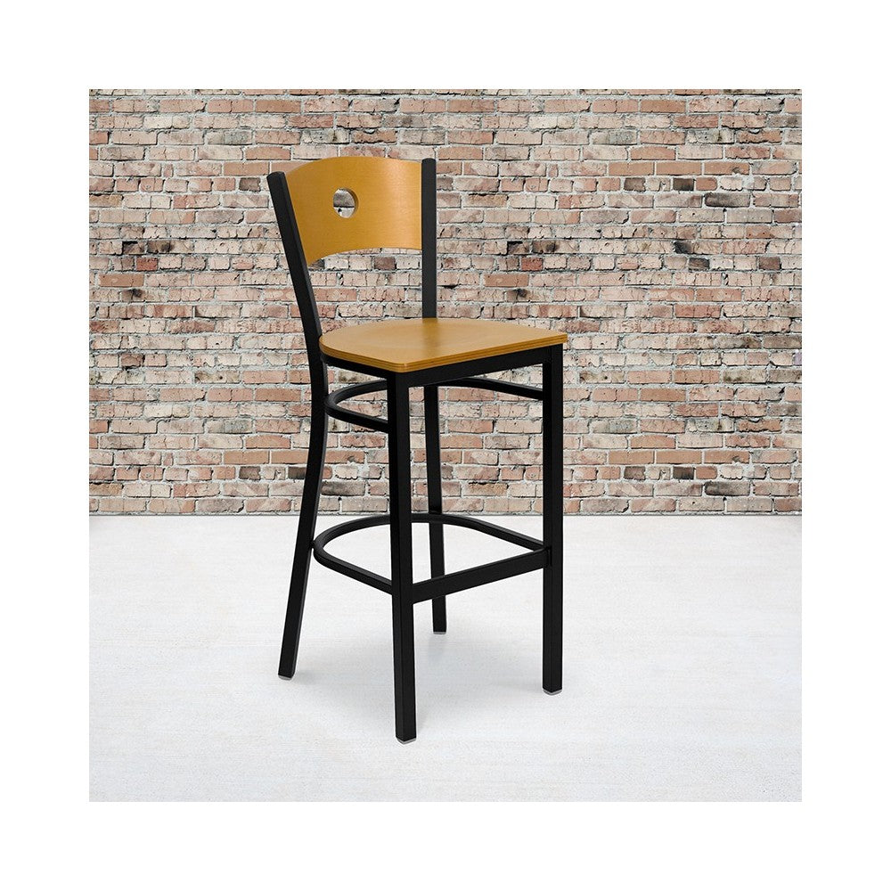 Black Circle Back Metal Restaurant Barstool - Natural Wood Back & Seat
