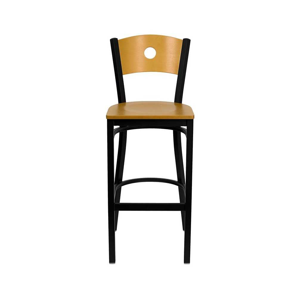 Black Circle Back Metal Restaurant Barstool - Natural Wood Back & Seat