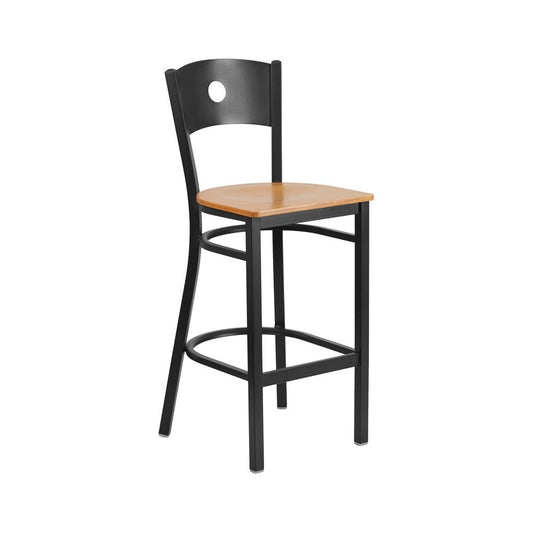 Black Circle Back Metal Restaurant Barstool - Natural Wood Seat