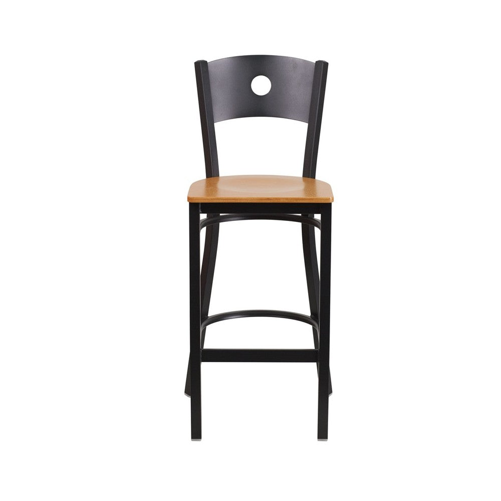 Black Circle Back Metal Restaurant Barstool - Natural Wood Seat