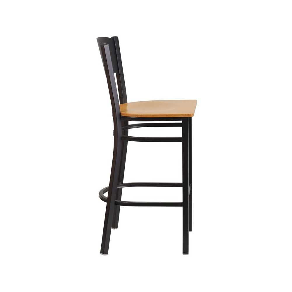 Black Circle Back Metal Restaurant Barstool - Natural Wood Seat