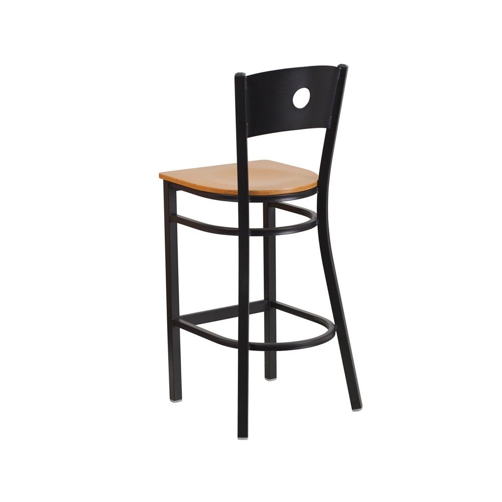 Black Circle Back Metal Restaurant Barstool - Natural Wood Seat
