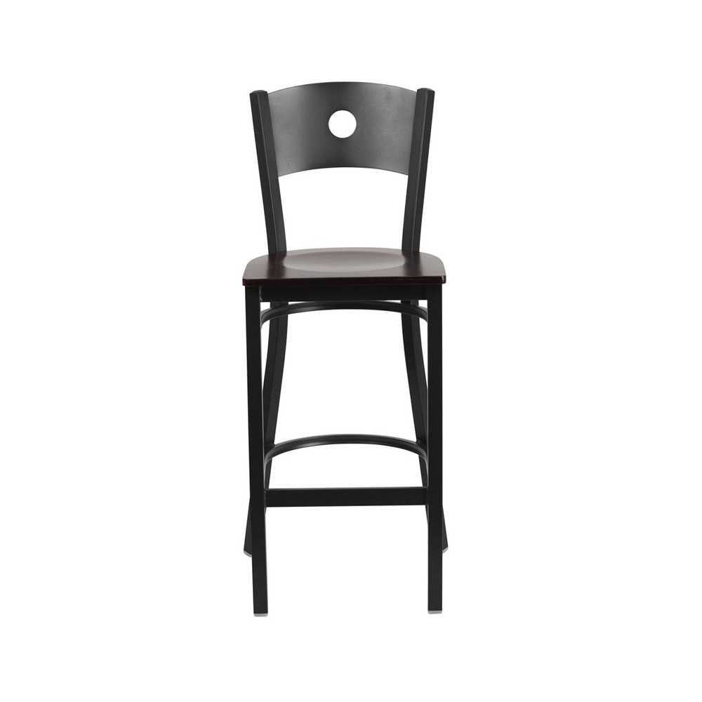 Black Circle Back Metal Restaurant Barstool - Walnut Wood Seat
