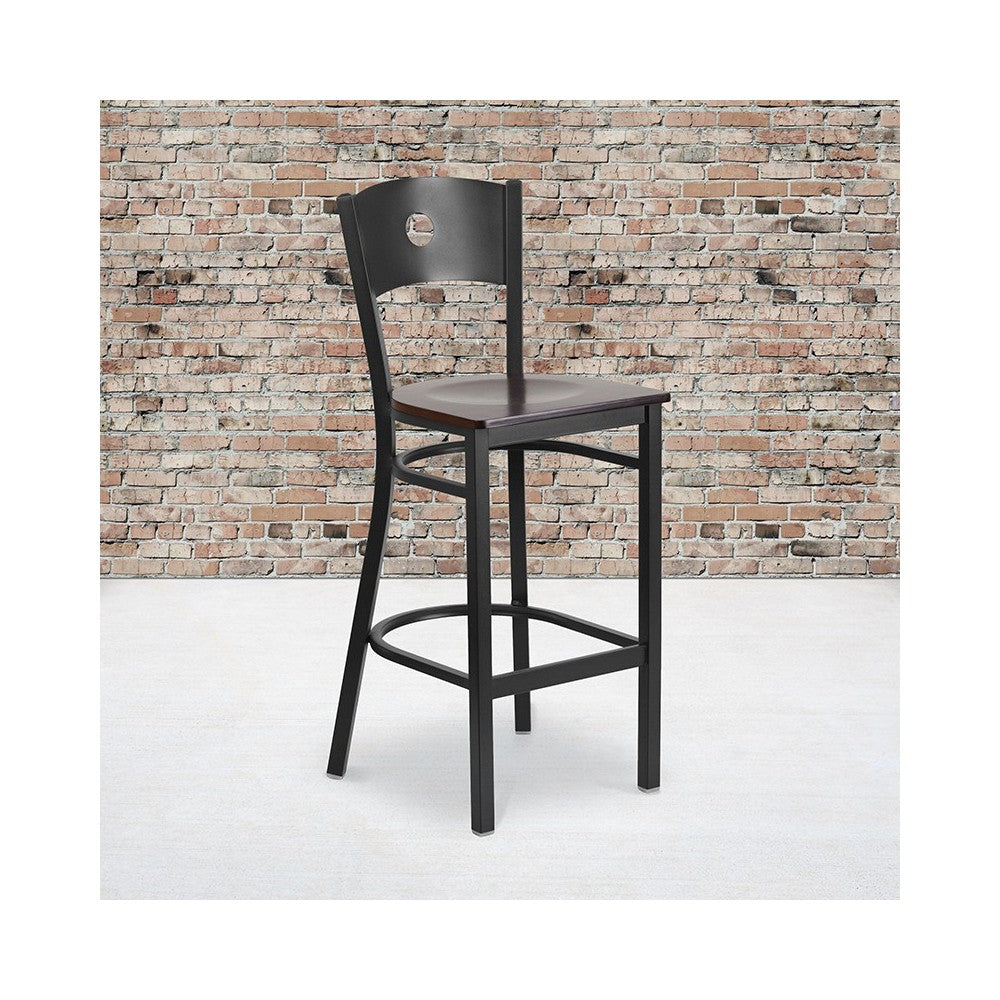 Black Circle Back Metal Restaurant Barstool - Walnut Wood Seat