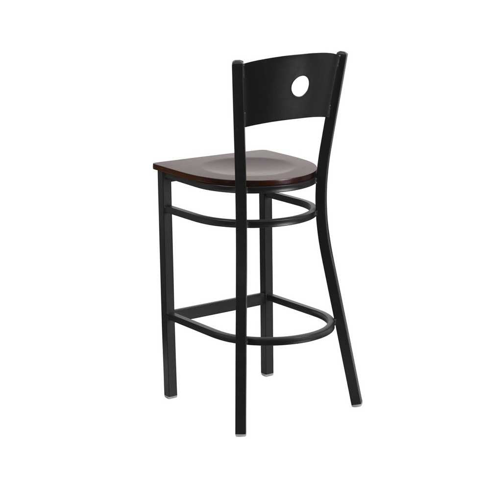 Black Circle Back Metal Restaurant Barstool - Walnut Wood Seat