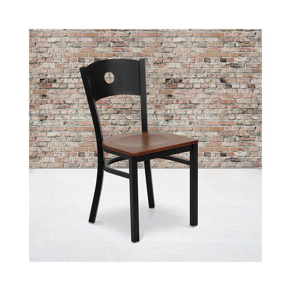Black Circle Back Metal Restaurant Chair - Cherry Wood Seat