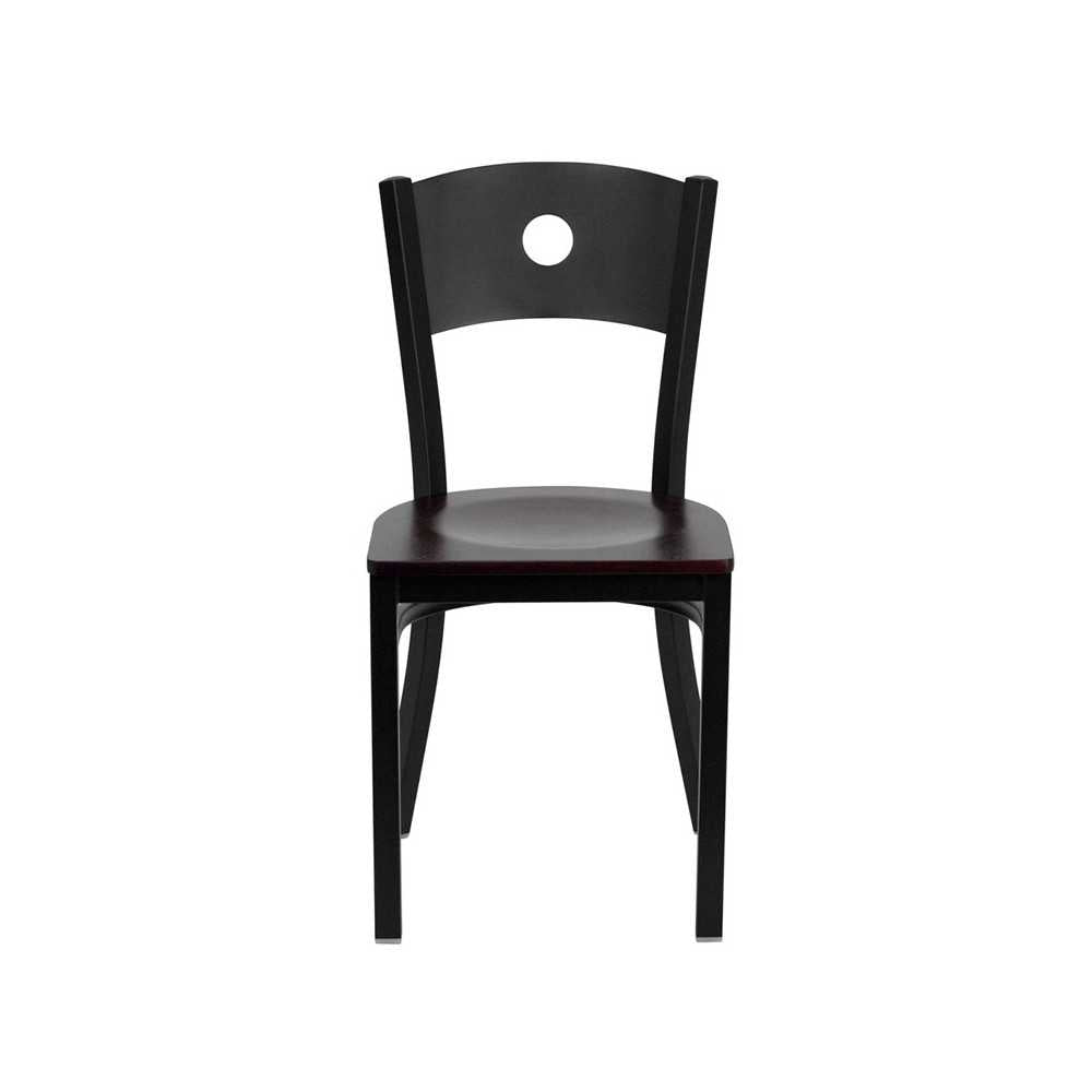 Black Circle Back Metal Restaurant Chair - Mahogany Wood Seat