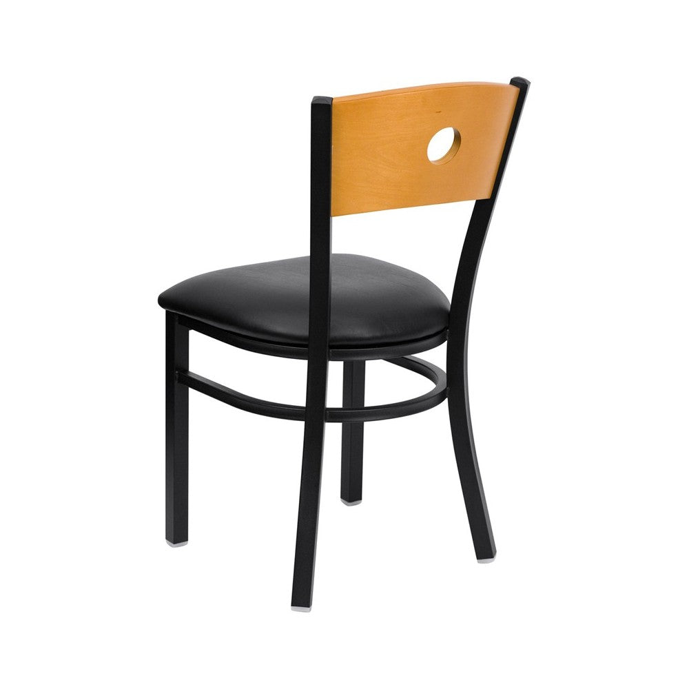 Black Circle Back Metal Restaurant Chair - Natural Wood Back, Black Vinyl Seat