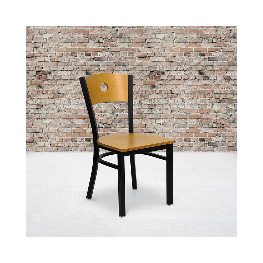 Black Circle Back Metal Restaurant Chair - Natural Wood Back & Seat