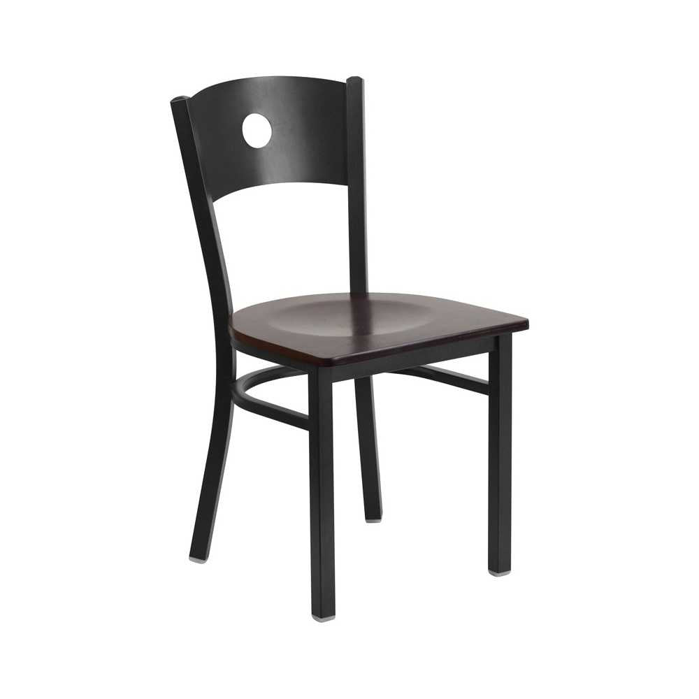 Black Circle Back Metal Restaurant Chair - Walnut Wood Seat