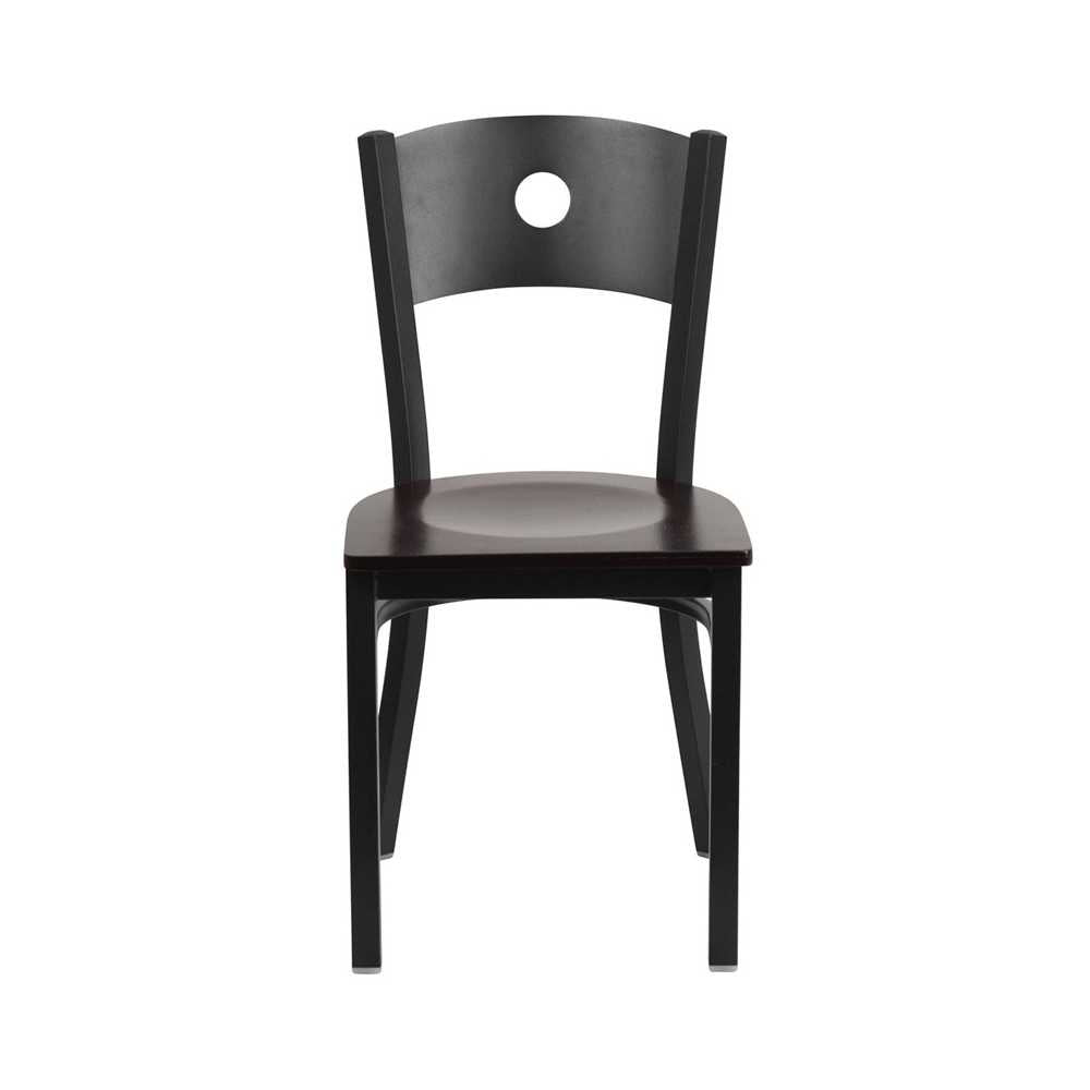 Black Circle Back Metal Restaurant Chair - Walnut Wood Seat