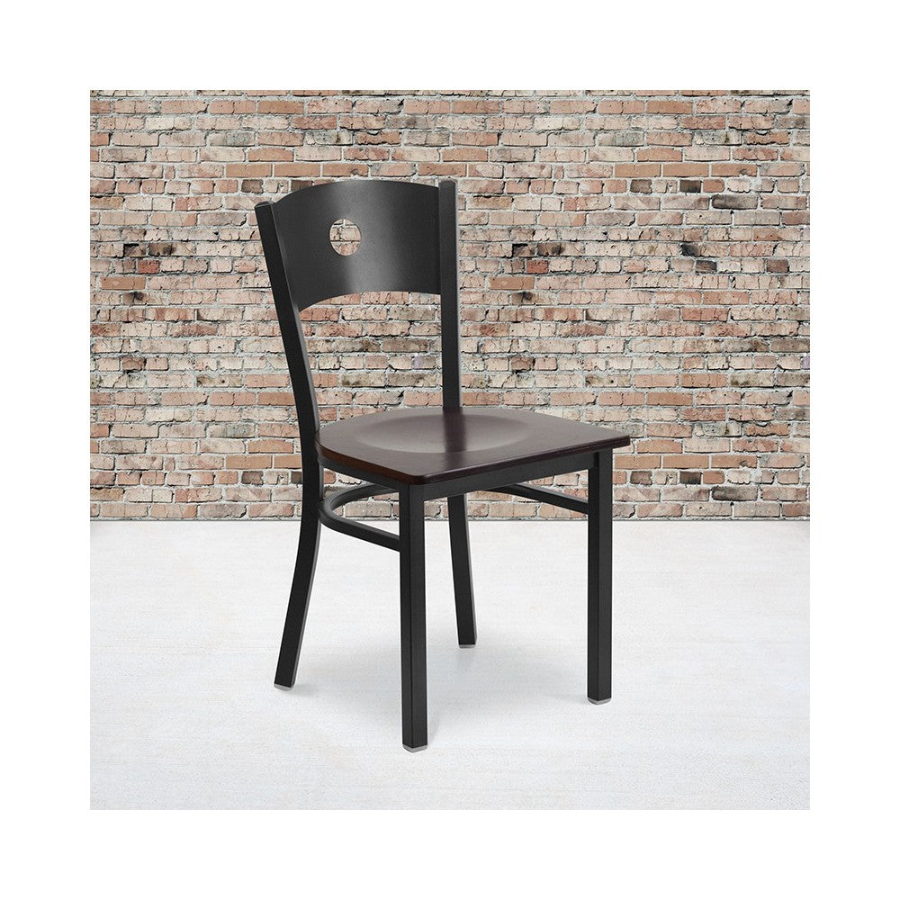 Black Circle Back Metal Restaurant Chair - Walnut Wood Seat