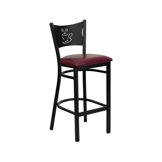Black Coffee Back Metal Restaurant Barstool - Burgundy Vinyl Seat