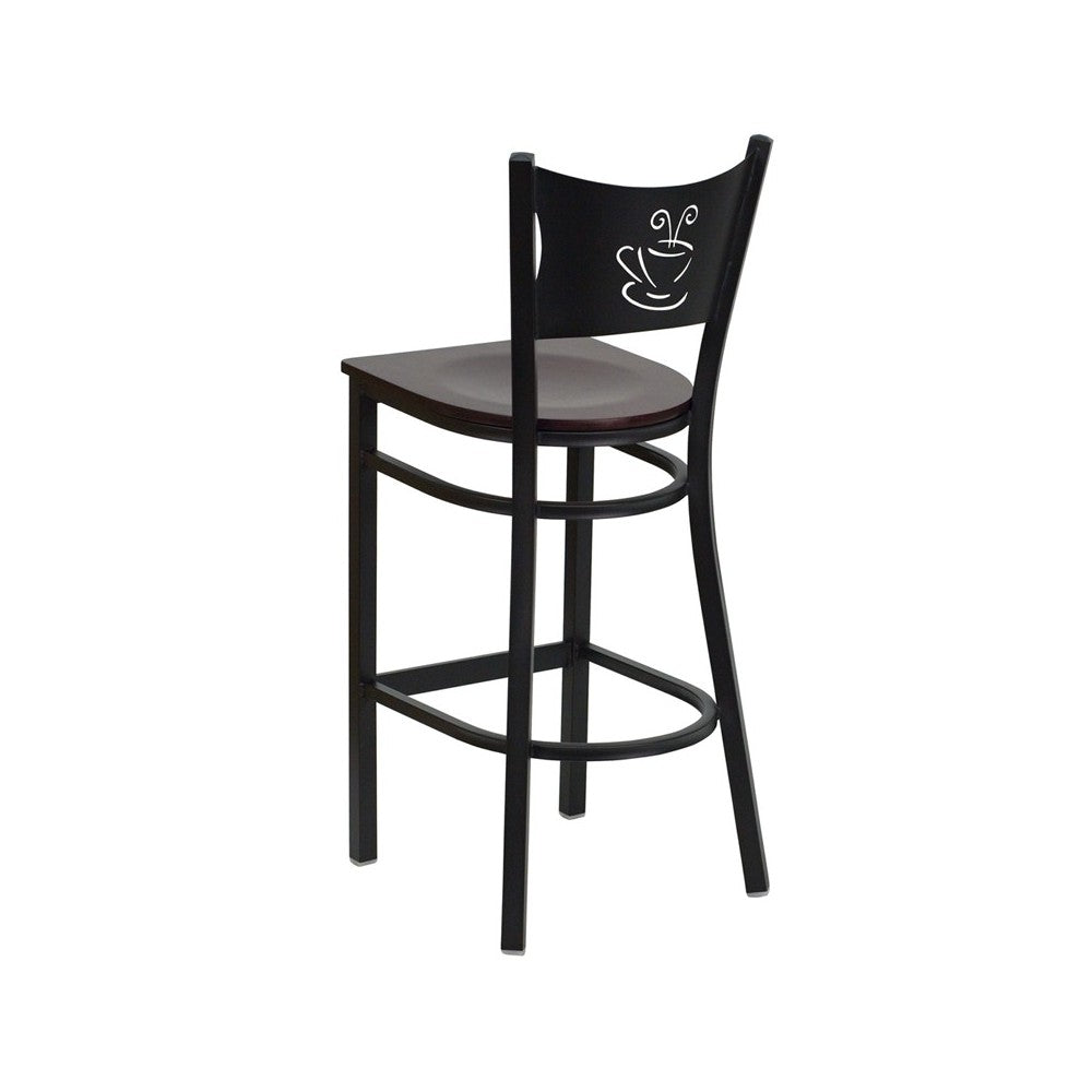 Black Coffee Back Metal Restaurant Barstool - Mahogany Wood Seat