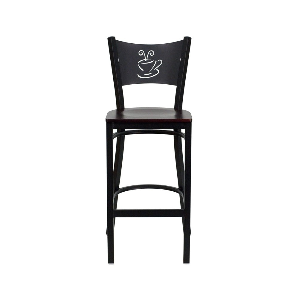 Black Coffee Back Metal Restaurant Barstool - Mahogany Wood Seat