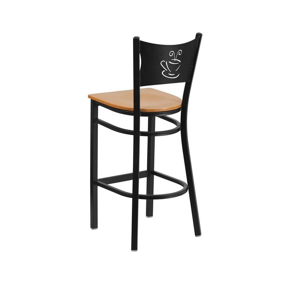 Black Coffee Back Metal Restaurant Barstool - Natural Wood Seat