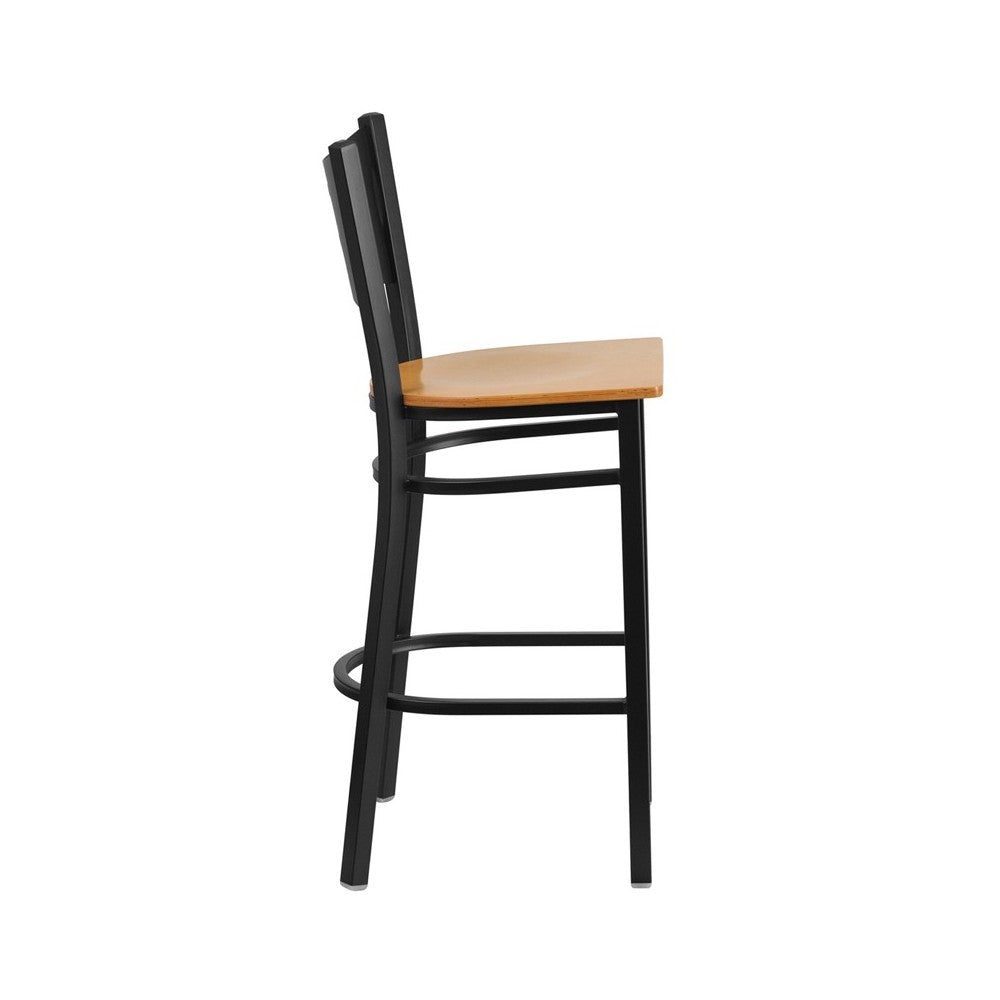 Black Coffee Back Metal Restaurant Barstool - Natural Wood Seat