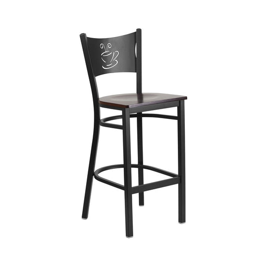 Black Coffee Back Metal Restaurant Barstool - Walnut Wood Seat