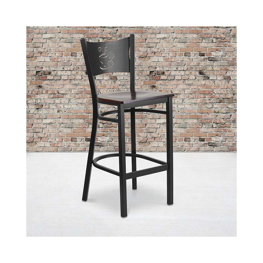 Black Coffee Back Metal Restaurant Barstool - Walnut Wood Seat