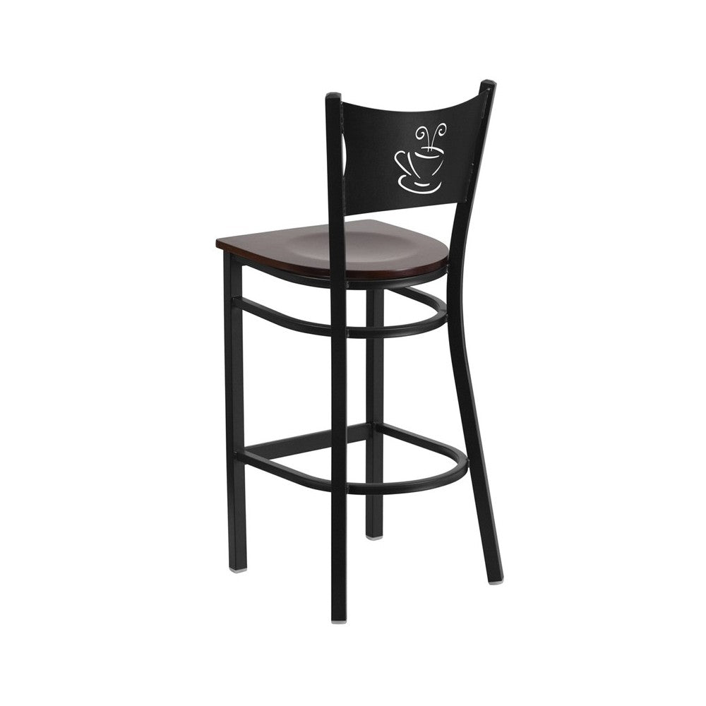 Black Coffee Back Metal Restaurant Barstool - Walnut Wood Seat