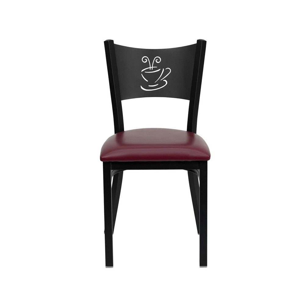 Black Coffee Back Metal Restaurant Chair - Burgundy Vinyl Seat