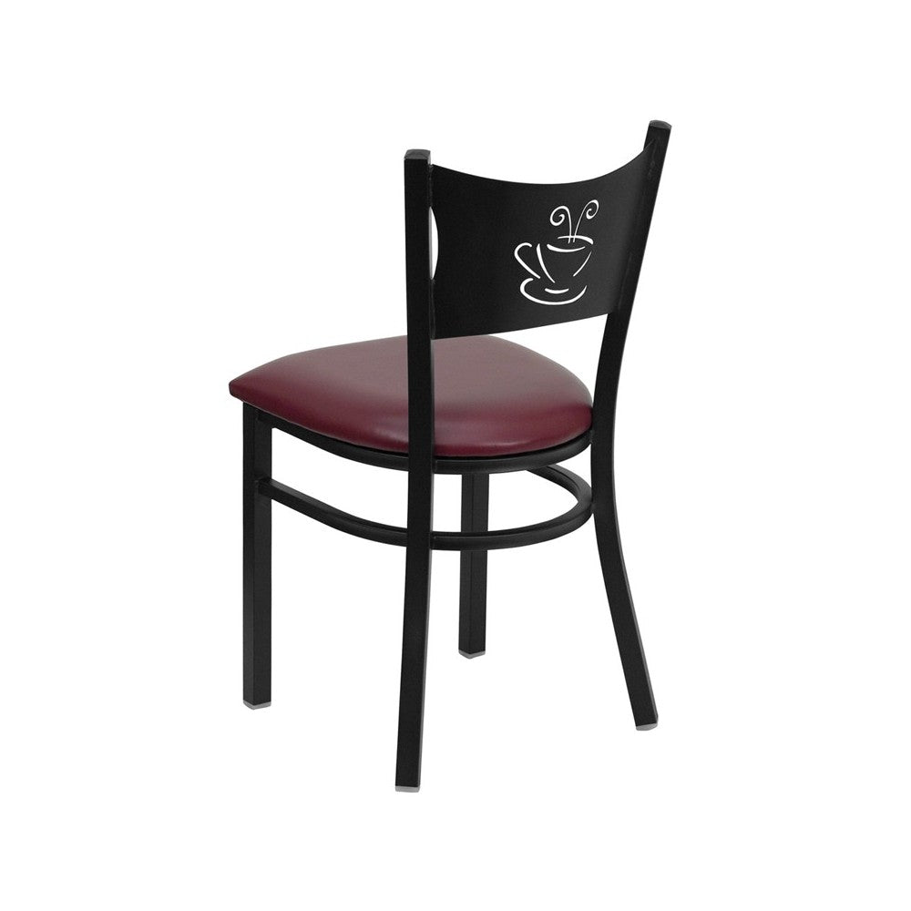 Black Coffee Back Metal Restaurant Chair - Burgundy Vinyl Seat