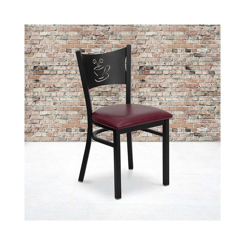 Black Coffee Back Metal Restaurant Chair - Burgundy Vinyl Seat