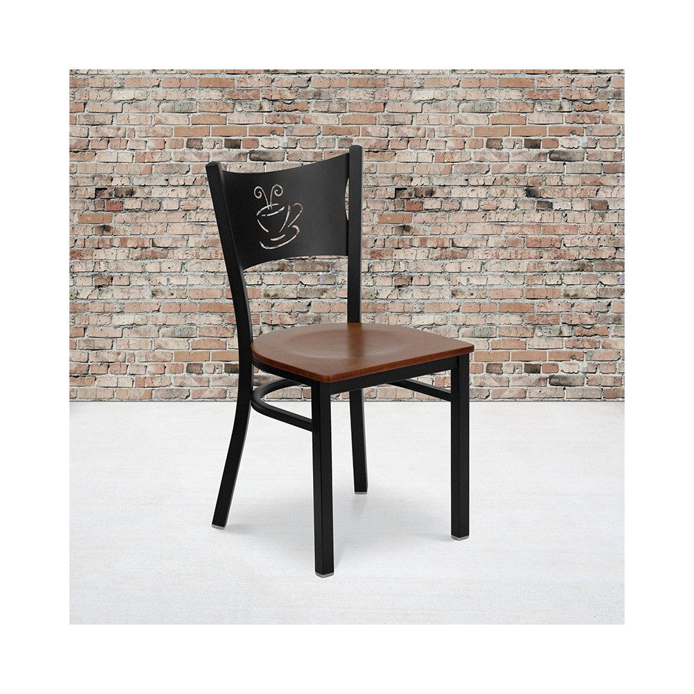 Black Coffee Back Metal Restaurant Chair - Cherry Wood Seat