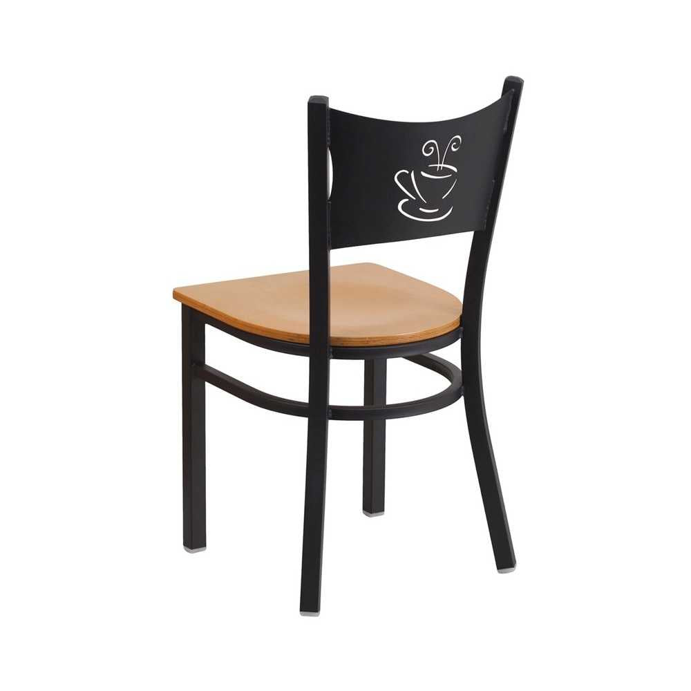 Black Coffee Back Metal Restaurant Chair - Natural Wood Seat