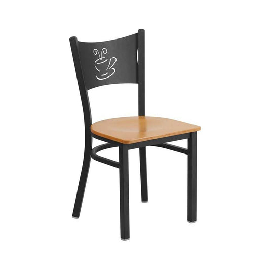Black Coffee Back Metal Restaurant Chair - Natural Wood Seat