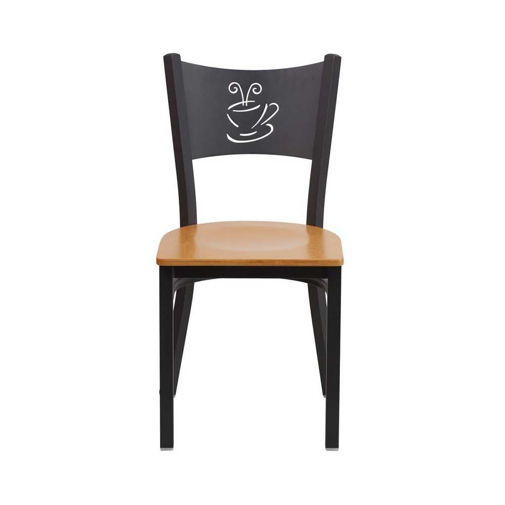 Black Coffee Back Metal Restaurant Chair - Natural Wood Seat
