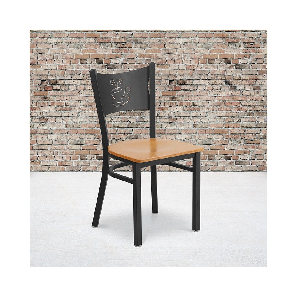 Black Coffee Back Metal Restaurant Chair - Natural Wood Seat