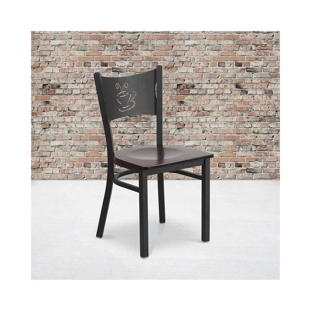 Black Coffee Back Metal Restaurant Chair - Walnut Wood Seat