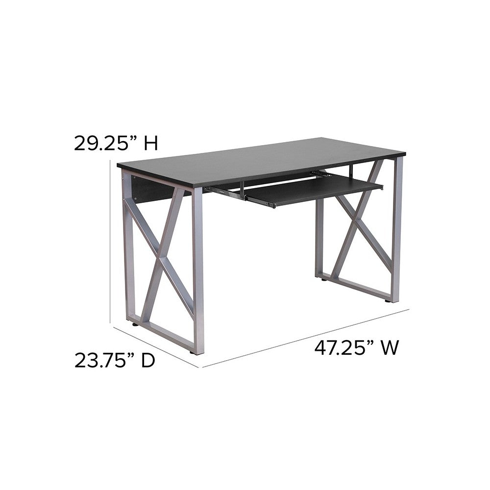 Black Computer Desk with Pull-Out Keyboard Tray and Cross-Brace Frame