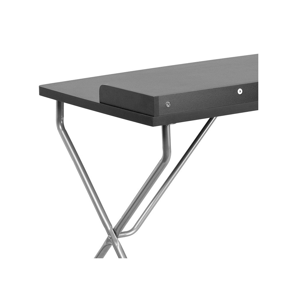 Black Computer Desk with Raised Border and Silver Metal Frame