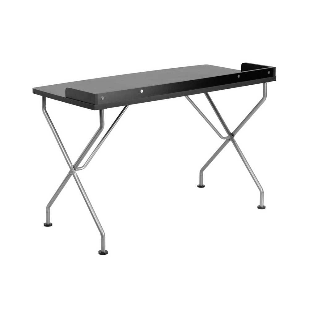 Black Computer Desk with Raised Border and Silver Metal Frame