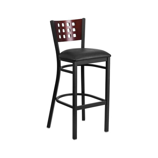 Black Cutout Back Metal Restaurant Barstool - Mahogany Wood Back, Black Vinyl Seat