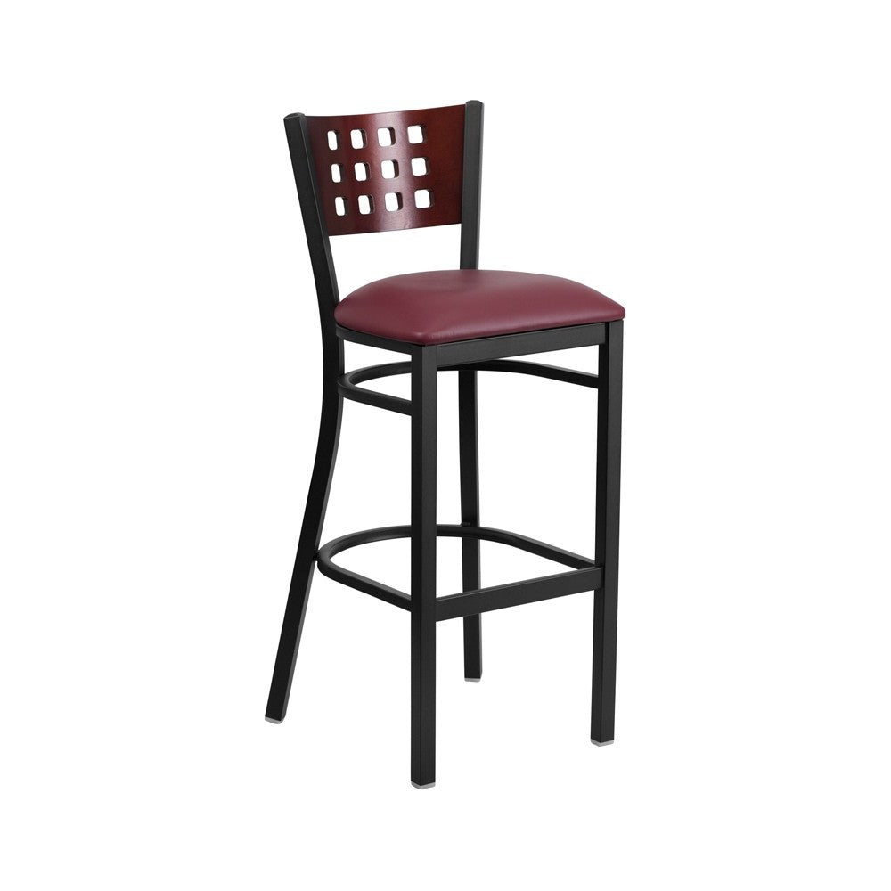 Black Cutout Back Metal Restaurant Barstool - Mahogany Wood Back, Burgundy Vinyl Seat