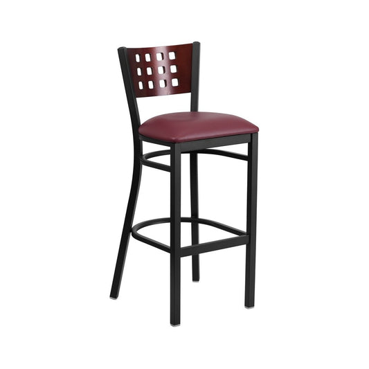 Black Cutout Back Metal Restaurant Barstool - Mahogany Wood Back, Burgundy Vinyl Seat