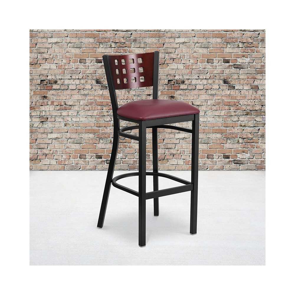 Black Cutout Back Metal Restaurant Barstool - Mahogany Wood Back, Burgundy Vinyl Seat