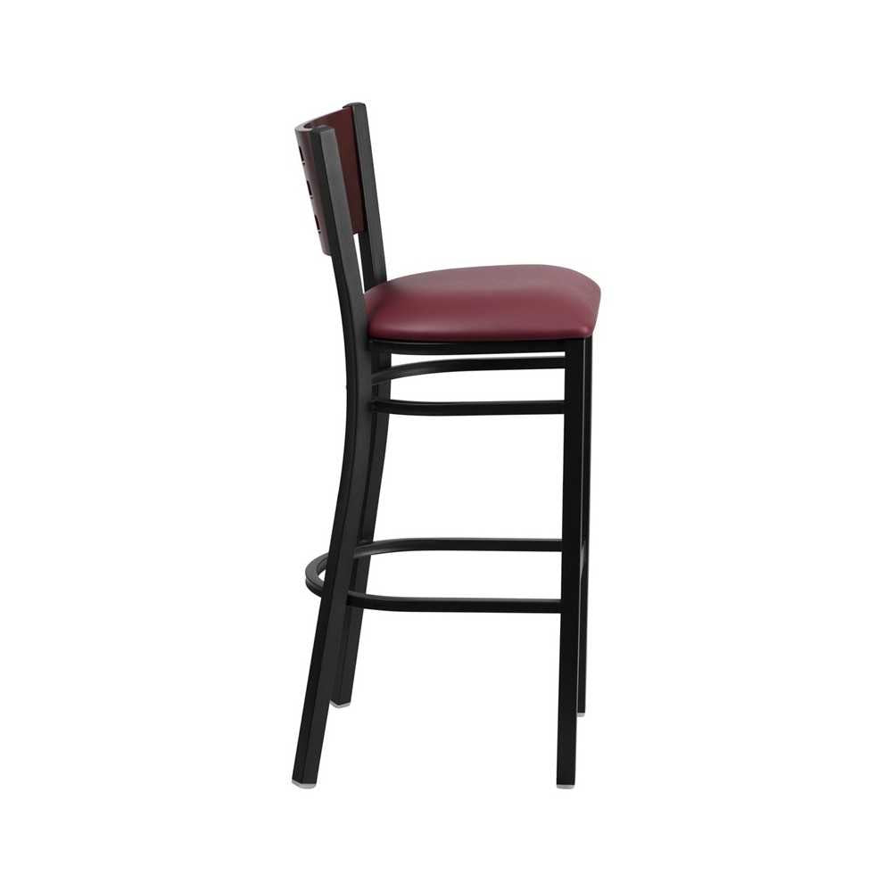 Black Cutout Back Metal Restaurant Barstool - Mahogany Wood Back, Burgundy Vinyl Seat