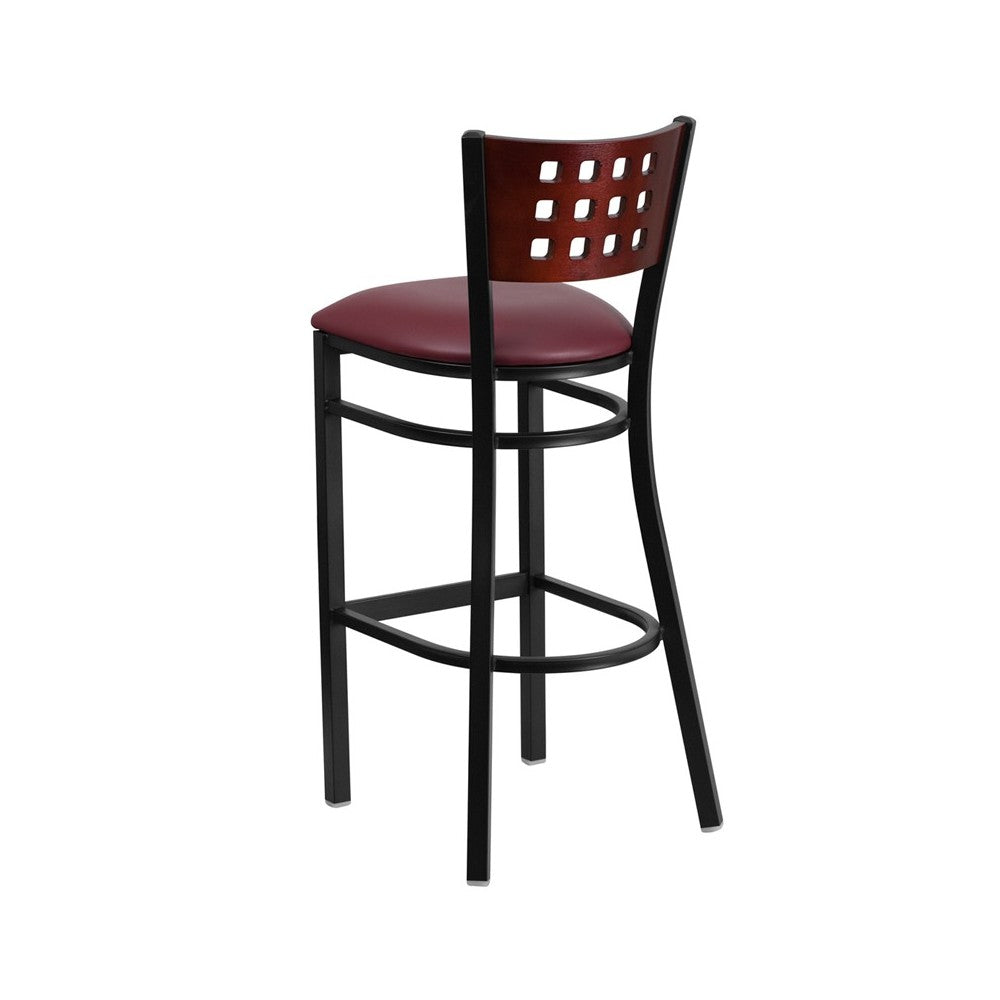 Black Cutout Back Metal Restaurant Barstool - Mahogany Wood Back, Burgundy Vinyl Seat