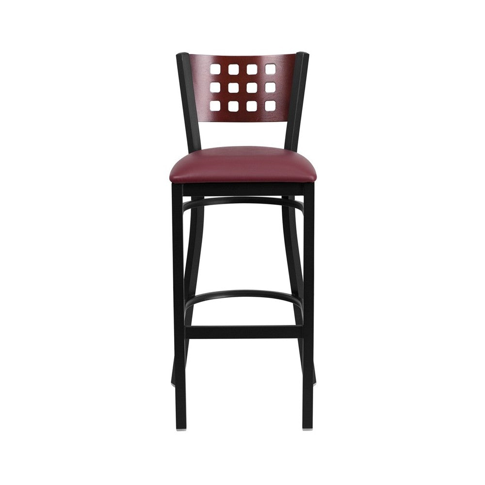 Black Cutout Back Metal Restaurant Barstool - Mahogany Wood Back, Burgundy Vinyl Seat