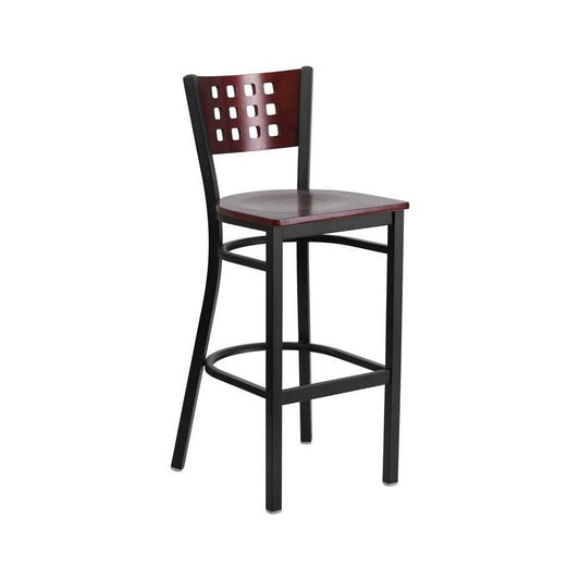 Black Cutout Back Metal Restaurant Barstool - Mahogany Wood Back & Seat