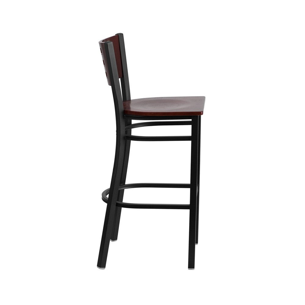 Black Cutout Back Metal Restaurant Barstool - Mahogany Wood Back & Seat